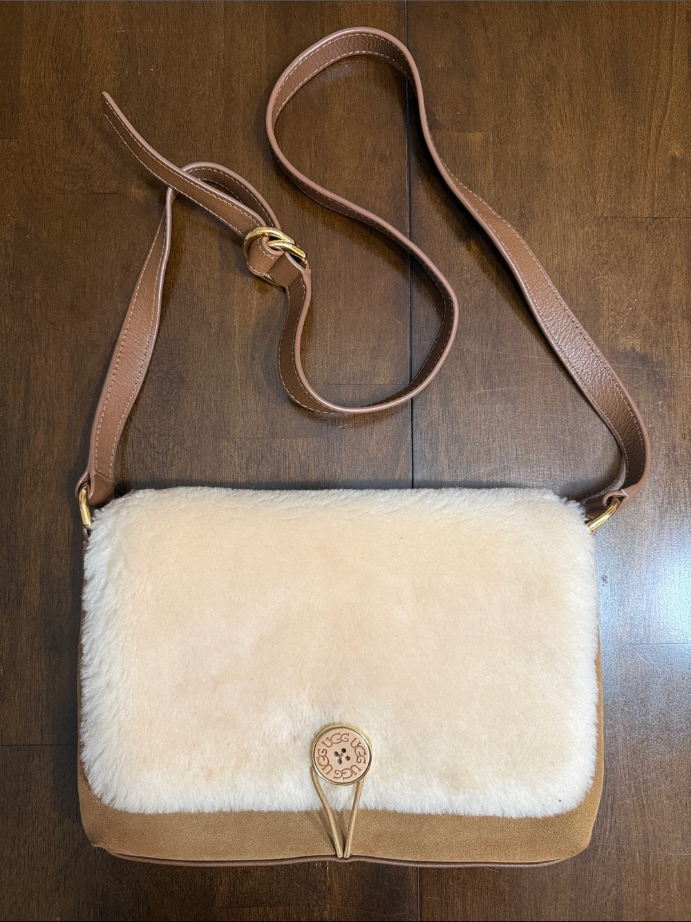 UGG Australia Suede Shearling Crossbody Bag Tan Cream Leather